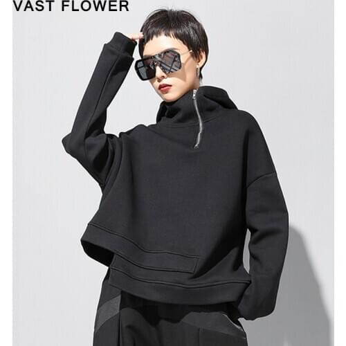 Plus Size Irregular Sweatshirt Women Black Korean Fashion Zipper Hooded Long Sleeve Pullover Loose Clothes Spring Autumn 2021