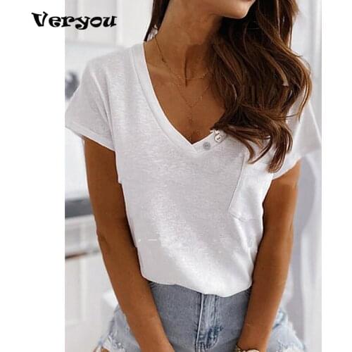 2021 Womens Button Decoration Solid Color V-neck Short Sleeve Casual T-shirt European And American Top Womens Simple T-shirt