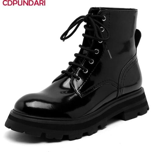Ladies Black Genuine Leather Med Heels Platform Ankle Boots For Women Spring Autumn Martin Short Boots Shoes Bottines Femme
