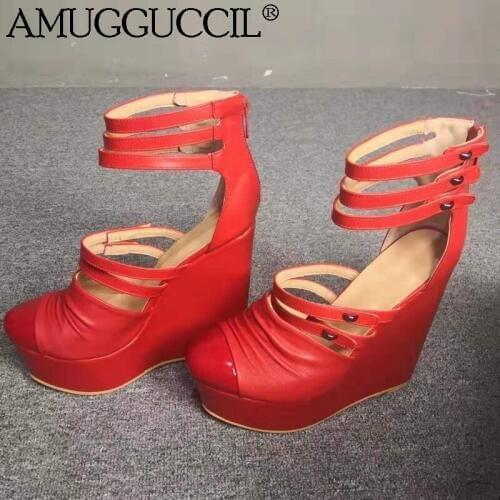 Customize 2020 New Arrival Plus Big Size 35-48 Red Zip Fashion High Heel Platform Females Lady Wedge Shoes Women Pumps D1331