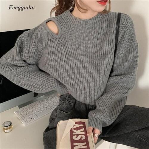 2021 Winter Womens Asymmetric Sweater Turtleneck Lantern Long Sleeve Off Shoulder Patchwork Knitted Sweater Women