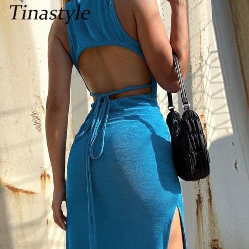 Tinastyle Elegant Backless Women Summer Dress 2021 O Neck Sleeveless Bandage Long Party Dress Solid Casual Dress Womens Cloth