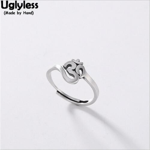 Uglyless 100% Real 925 Sterling Silver Buddhism Six Words Finger Rings for Women Simple Hollow Religious Open Ring Fine Jewelry