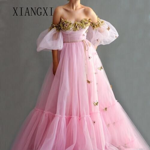 Robe de soiree Pink Evening Dresses Long Lace Beaded Off The Shoulder Half Sleeves Floor Length Evening Dress Vestido De Festa