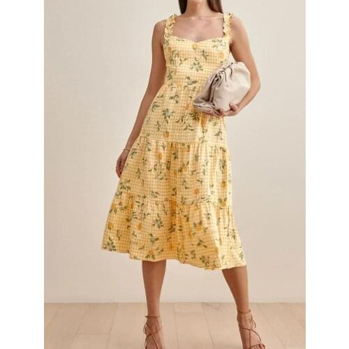 2021 Summer Vintage Yellow Floral Print Wood ears Ruffles Strap Dress Lacing up Tie Back Sleeveless Sling Dress Holiday