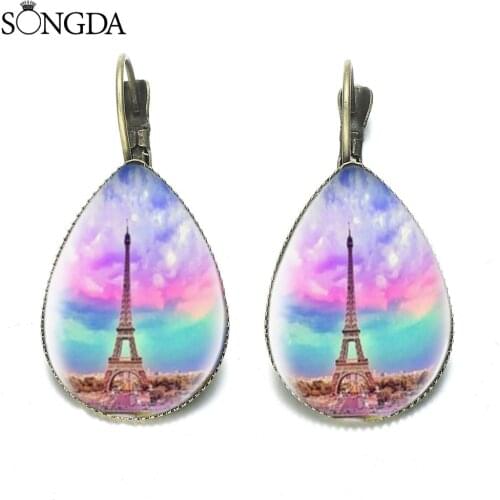 French Landmark Eiffel Tower Earrings Cartoon Printed Glass Dome Buckle Souvenir Gifts For Tourists Women Jewelry Accessories