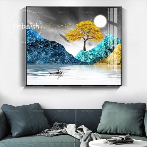 1 Pieces Golden Tree And Mountains Landscape Pictures For Living Room Modern Home Decor Posters HD Canvas Painting Artworks