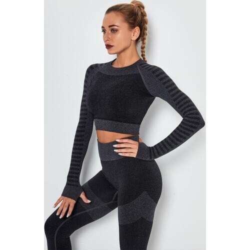 2PCS Yoga Suit Sets Women Long sleeve t shirt Seamless Leggings Gym Fitness Clothes Tight Pants Running Sport Training Tracksuit