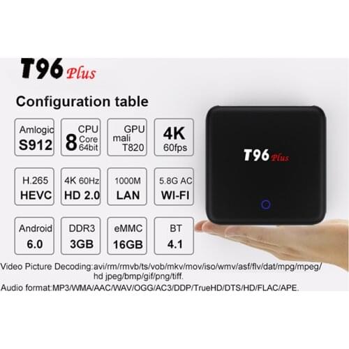 2017 newest t96 plus android 6.0 amlogic s912 octa core 3gb ram 16gb emmc dual brand wifi bt 1000m lan Touch Power Button tv box
