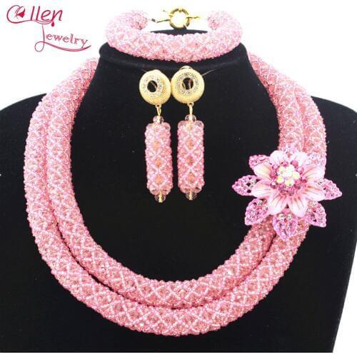 2019 Latest Fashion Pink African Wedding Beads jewelry set Necklace Set Nigerian Crystal Flower Brooches Jewelry Set W12812