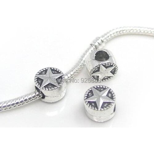 Free Shipping 50pcs 10x10x7mm antique silver plated round five star design big hole beads new design for European bracelet DIY