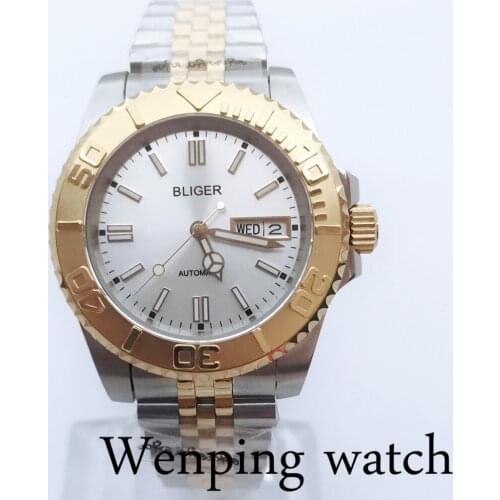 BLIGER 40mm Mens Luxury Mechanical Sterile Watch Sapphire Glass Silver Dial Gold Bezel Date Calendar NH36A Movement Automatic