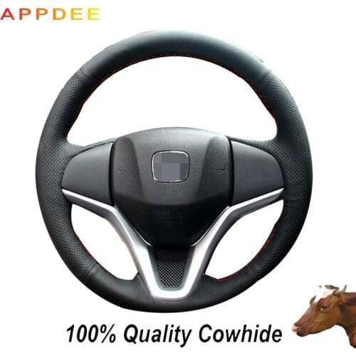 Black Genuine Leather Steering Wheel Cover for honda apto cidade jazz 2014 2015 hrv HR-V 2016