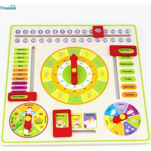 Baby Kids Toy Cartoon Calendar and Clock Wood Numbers Math Preschool Early Childhood Education Kids Brinquedos Juguetes