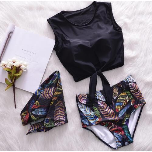 Brand Summer Retro Floral/Feather Swimwear Women Sexy Girls 3 in 1 Bikini Set Push Up Swimsuit with Beach Cover-Ups Bathing Suit