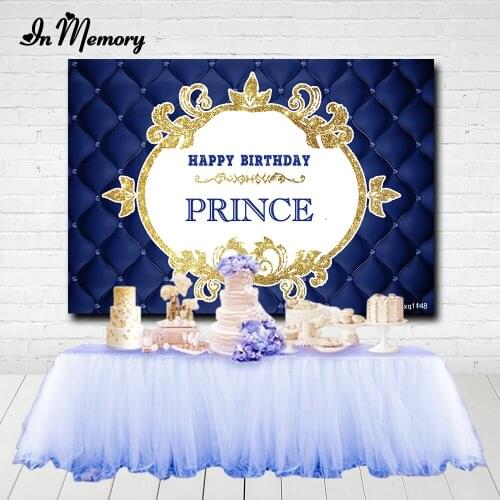 InMemory Navy Blue Headboard Gold Glitter Happy Birthday Prince Boys Baby Shower Custom Photography Studio Background Backdrop