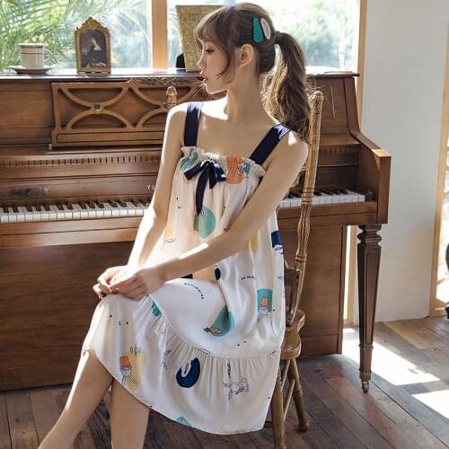Cotton Silk Pajamas Dress Womens Nightie Sling Pajama Nightdress Women New Ladies Sleepwear Wide Shoulder Tank Top Skirt Dress
