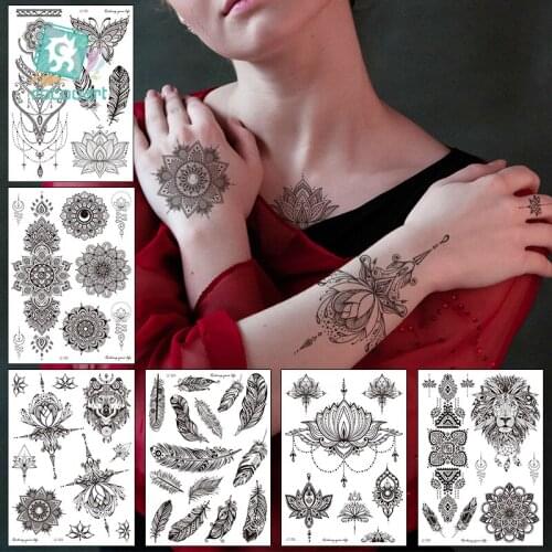 Personality Black Mandala Flower Arm Body Art Waterproof Temporary Tattoo Sticker For Women Men Water Transfer Fake Tattoos