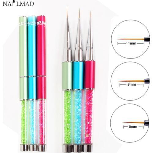3pcs 6/9/11mm Nail Art Acrylic Brush UV Gel Polish Extension Carving Brush Metal Rhinestone Painting Liner Brush Drawing Pen