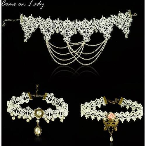 Chokers Set White Lace Flower Tassel Choker Necklace for Women Pendant Necklaces Tattoo Collier Collar bijoux Sexy CR064-066