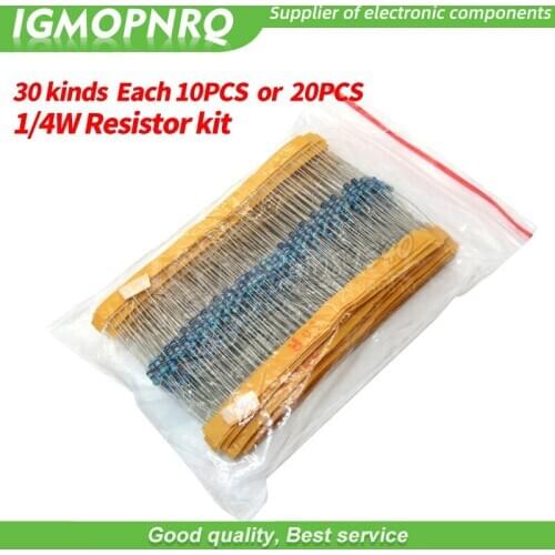 600pcs/set 30 Kinds 1/4W Resistance 1% Metal Film Resistor Pack Assorted Kit 1K 10K 100K 200K 220 ohm 1M Resistors 300pcs/set