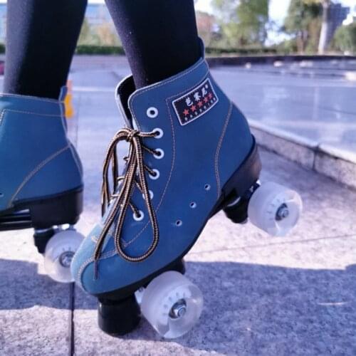 Blue Black Leather Roller Skates Shoes on 4 Wheels Flash Skating Woman Man Adult Sports Patines Sneaker Europe Size 36-45
