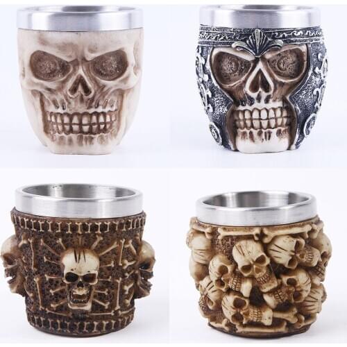 Hot Retro Horn Skull Resin Beer Mug Stainless Steel Skull Knight Tankard Halloween Coffee Cup Viking Tea Mug Pub Bar Decoration