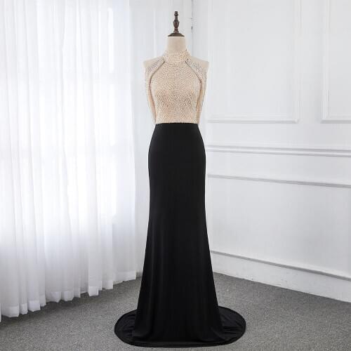 Fashion Black Long Mermaid Evening Dresses Backless Halter Beaded Formal Party Gown Robe De Soiree YQLNNE