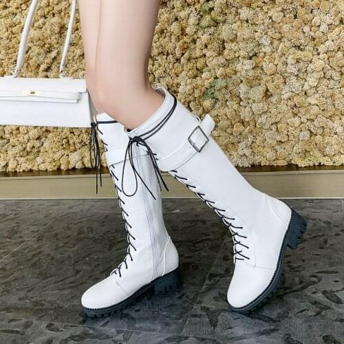 Fashion Lady Winter Knight Boots Cross Tied Zipper Womens Shoes Spring Autumn Comfortable Low Heel Belt Buckle Knee High Boots