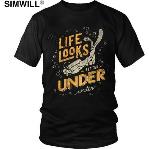 Male Vintage Scuba Diving T Shirts Fashion Life Looks Better Under Water Dive T-Shirt Short Sleeve Pure Cotton Leisure Tee Gift