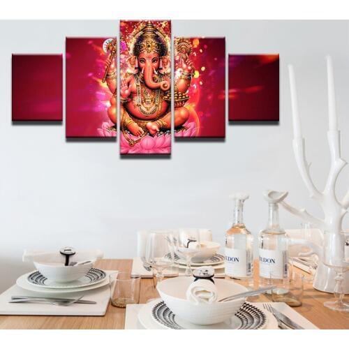 Canvas Wall Art Living Room HD Prints 5 Pieces India Tibetan Ganesha Elephant Head God Painting Poster Pictures Frame PENGDA