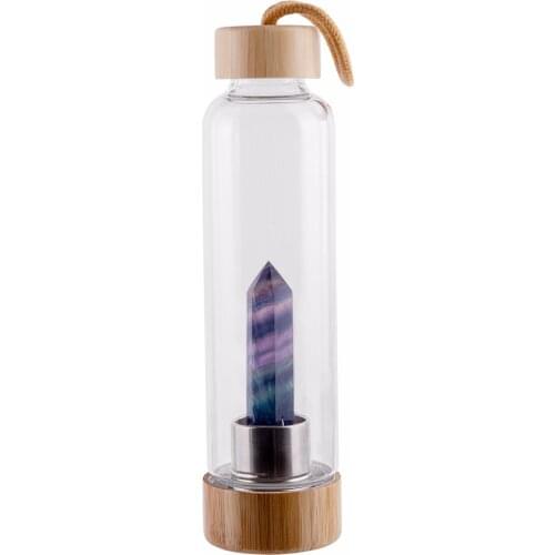Natural Crystal Water Bottle Point Healing Obelisk Wand Elixir Quartz Crystal Glass Water Bottle Wooden Cup Cover Kitchen Items