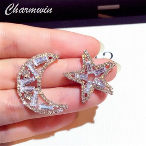 New Stud Earrings For Women Earrings Silver Color Rhinestones Stars Moon Asymmetric Earrings Fashion Jewelry