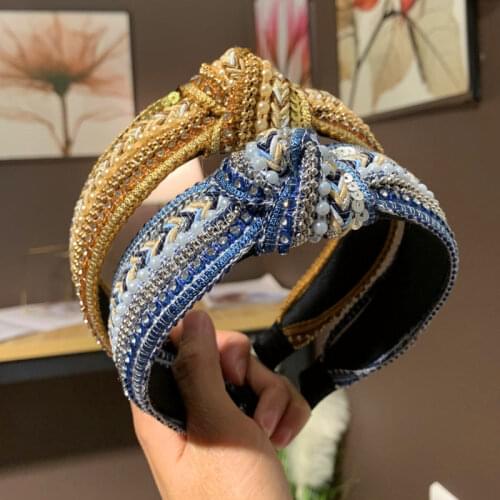 Sequins Crystal Pearl Hairbands For WomenTop Knot Headband Bezel Bohemia Chain Hair Accessories Female Hair Hoop