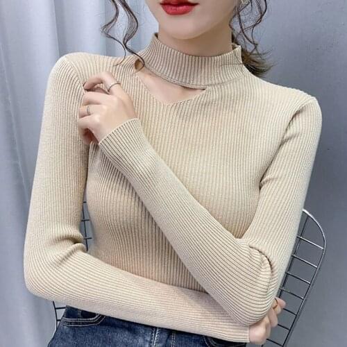 Autumn Winter Basic Half Turtleneck Women Pullover Jumpers 2021 New Knitted Women Sexy Off Shoulder Elastic Slim Knitwear Tops