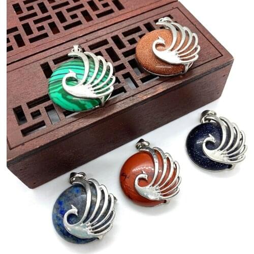 Natural Stone Necklace Pendant Sandstone Blue Sandstone Lapis Lazuli Peacock-shaped Copper Shell DIY Jewelry Making Accessories