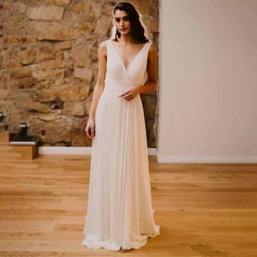 Simple Chiffon Wedding Gowns Backless V Neck Sleeveless Ruched Bridesmaid Bridal Dress A Line Plus Size Custom Made Vestidos