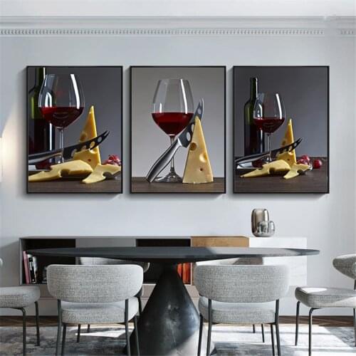 Romantic Red Wine In the Glass and Cheese Posters Prints Canvas Painting Kitchen Modern Home Decor Wall Pictures for Living Room