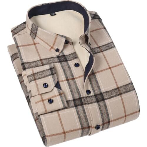 Aoliwen Brand Men Winter Warm Plush Long Sleeve Shirts100%cotton fashion slim casual plaid man shirt Thickening warmth retention