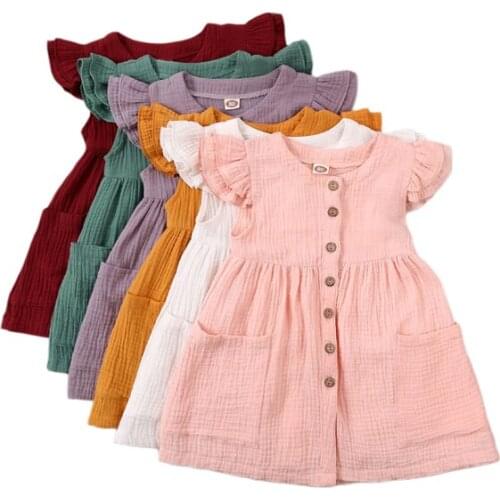 Toddler Kid Baby Girl Summer Dress Ruffles Sleeves Cotton Linen Party Children Girls Casual Button Pocket Dress Sundress Clothes