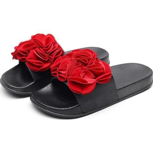 Womens Floral Slides Summer New Casual Beach Sandals Flat Red Flowers PVC Soled Flip-flops Wholesale Female Non-slip Slippers