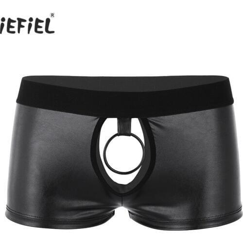 Mens Lingerie Stretchy Boxer Shorts Sissy Panties Open Crotch Leather Briefs Jockstrap Low Rise Erotic Gay Underwear with O-ring