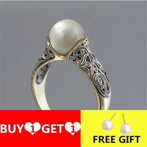 YWOSPX Vintage Pattern White Imitation Pearl Anel Gold Color Rings for Women Jewelry Wedding Anillos Engagement Ring Gifts