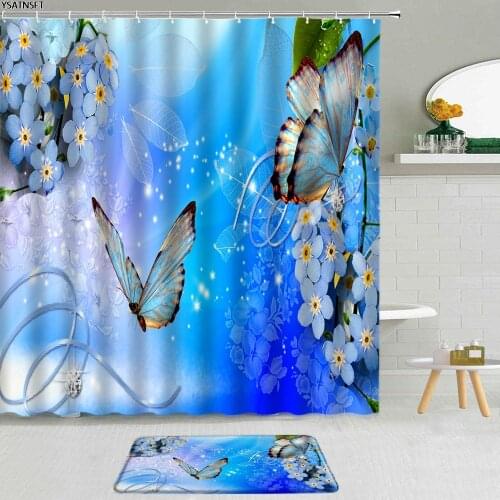 2Pcs Fantasy Butterfly Flower Shower Curtain Blue Background Green Leaf Sunflower Bathroom Non-Slip Mat Bath Curtains Set Decor