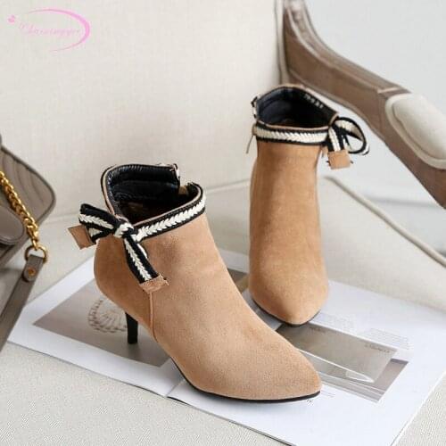 College sweet style sexy pointed toe nubuck ankle boots fashion color matching bow tie zipper thin high heel womens riding boot