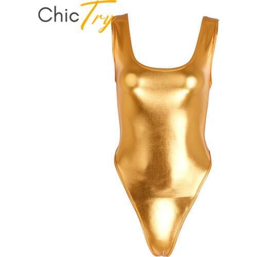 ChicTry Women Solid Color Patent Leather Sleeveless Ballet Leotard Dance Wear Sexy Bodysuit Bikini Swimsuit Gymnastics Leotard