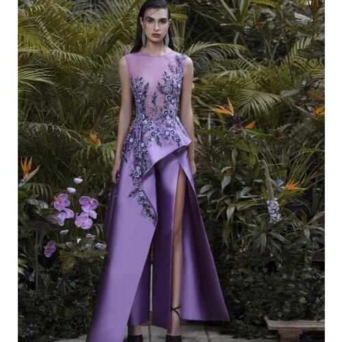 Purple Prom Jumpsuit Lace 3D Floral Appliqued Beaded Women Evening Gowns Pants A Line Customize Robe De Soirée