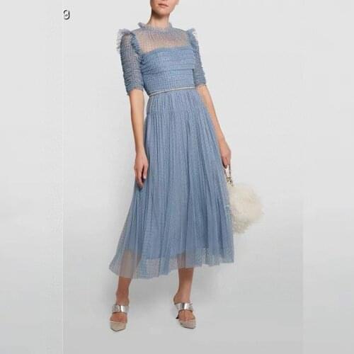 2021 Summer Women Lace Polka Dot Dress Rhinestone waistband Stylish elegant Mid-Calf Dresses