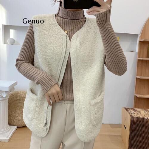 Winter Vest Women Sleeveless Coat Faux Lamb Fur warm Jackets Korea Casual Solid Color V Neck Pockets Thermal Waistcoat