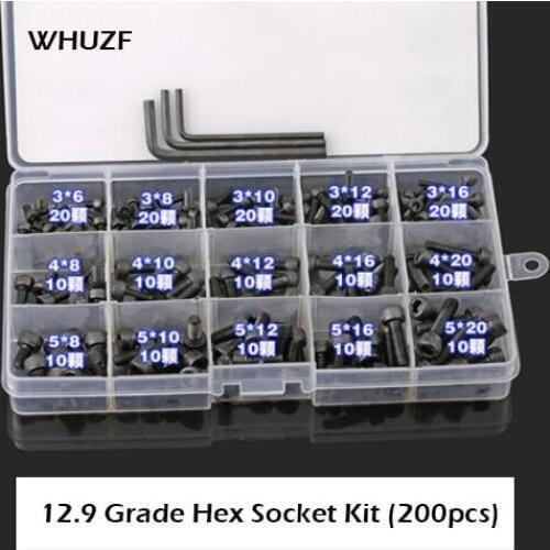 200Pcs M3 M4 M5 12.9 Grade Carbon Steel Hex Socket Cap Screws Bolt Set Assortment Kit Precise Metric Bolts Kit